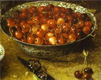 Osias Beert : Still Life with Cherries and Strawberries in Porcelain Bowls